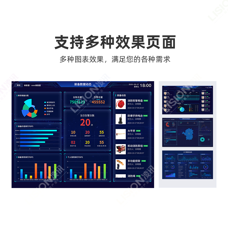 凌讯智能装备库装备数据显示平台支持多种效果页面，多种图表展现效果，满足您的各种要求